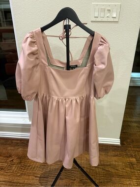 Square Neck Puff Sleeve Dress in Blush in Pleather worn 1x